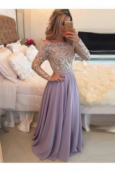 A-Line Sheer Neckline Prom Dresses Floor Length Long Sleeves Evening Dress - Prom Dresses