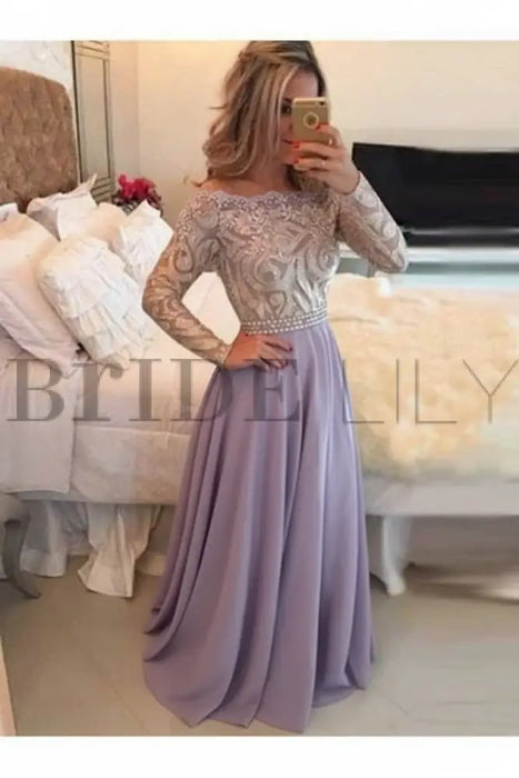 A-Line Sheer Neckline Prom Dresses Floor Length Long Sleeves Evening Dress - Prom Dresses