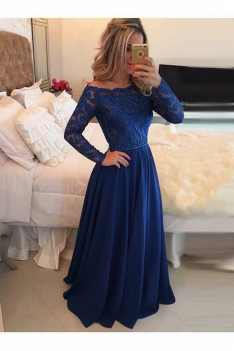 A-Line Prom Dresses Floor Length Long Sleeves Evening Dress - Prom Dresses