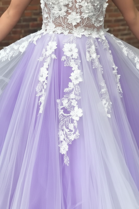 A-Line Purple Tulle V-neck Floor Length Prom Dress with White Appliques - Prom Dresses