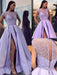 A-Line/Princess Satin Beading Scoop Short Sleeves Sweep/Brush Train Dresses - Prom Dresses