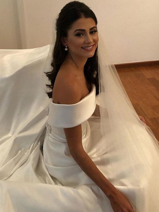 vintage wedding dresses 2021 off the shoulder short sleeve a line satin traditional bridal gowns with sweep train