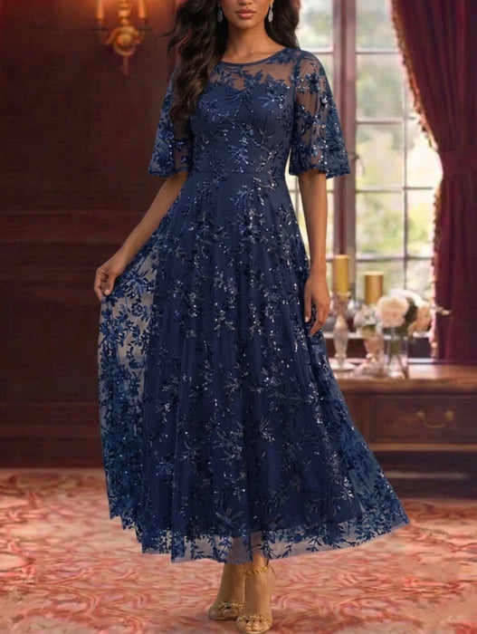 A-Line Sequins Ankle-Length Mother of the Bride Dresses Floral Lace with Short Sleeves