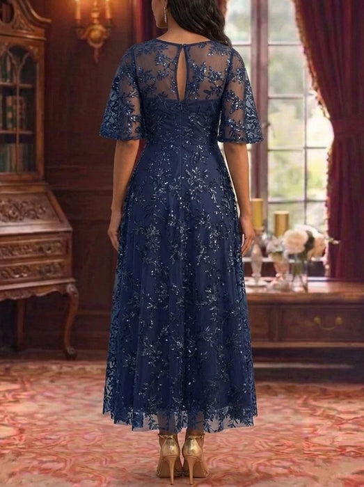 A-Line Sequins Ankle-Length Mother of the Bride Dresses Floral Lace with Short Sleeves