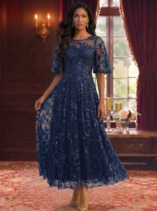A-Line Sequins Ankle-Length Mother of the Bride Dresses Floral Lace with Short Sleeves