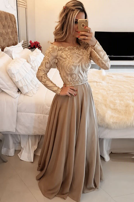A-Line Sheer Neckline Prom Dresses Floor Length Long Sleeves Evening Dress - Prom Dresses