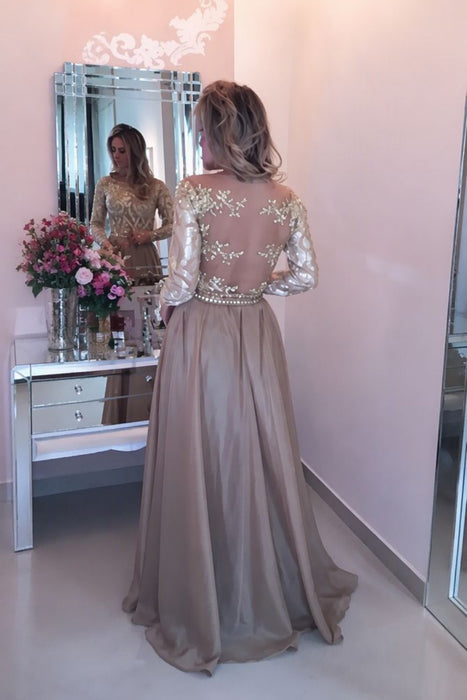 A-Line Sheer Neckline Prom Dresses Floor Length Long Sleeves Evening Dress