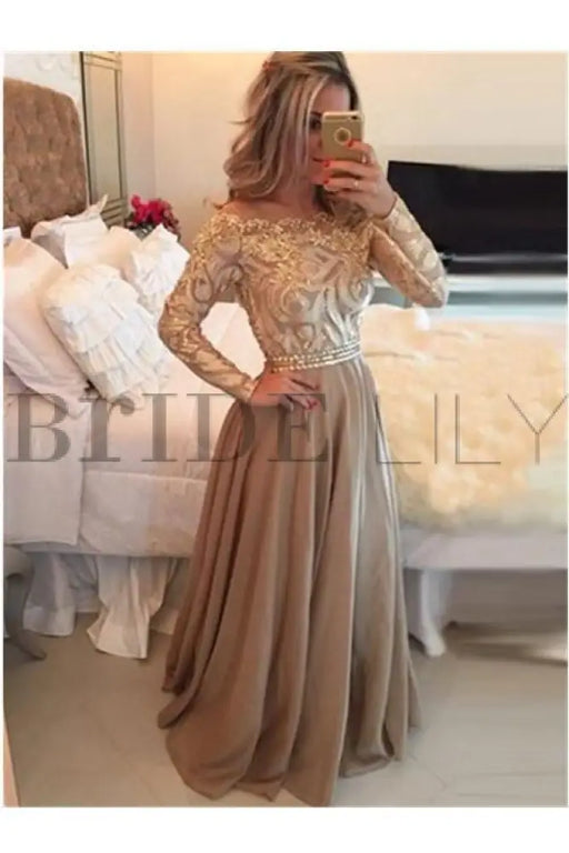 A-Line Sheer Neckline Prom Dresses Floor Length Long Sleeves Evening Dress - Prom Dresses