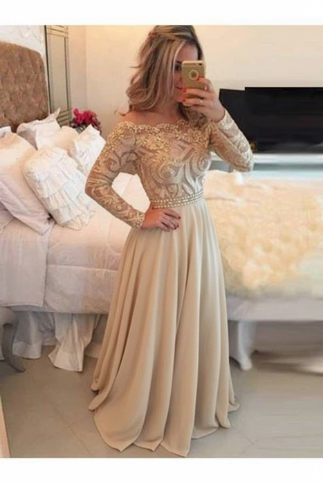 A-Line Sheer Neckline Prom Dresses Floor Length Long Sleeves Evening Dress - Prom Dresses