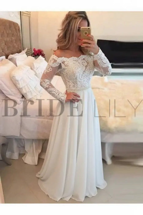 A-Line Sheer Neckline Prom Dresses Floor Length Long Sleeves Evening Dress - Prom Dresses