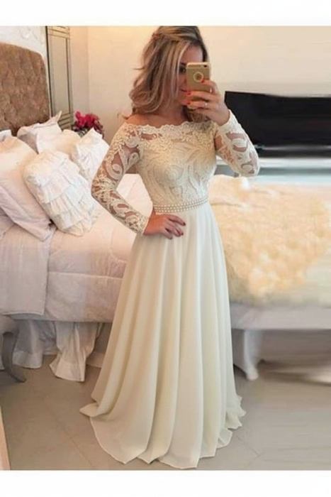 A-Line Sheer Neckline Prom Dresses Floor Length Long Sleeves Evening Dress - Prom Dresses