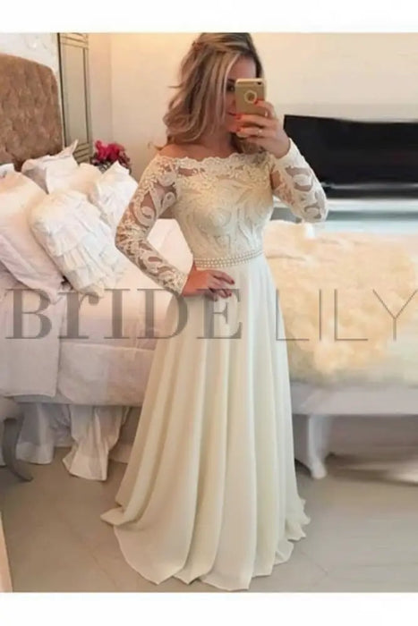 A-Line Sheer Neckline Prom Dresses Floor Length Long Sleeves Evening Dress - Prom Dresses