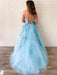 A Line Sky Blue Lace Backless Long Prom Dresses, Backless Sky Blue Lace Formal Dresses, Sky Blue Evening Dresses
