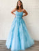 A Line Sky Blue Lace Backless Long Prom Dresses, Backless Sky Blue Lace Formal Dresses, Sky Blue Evening Dresses