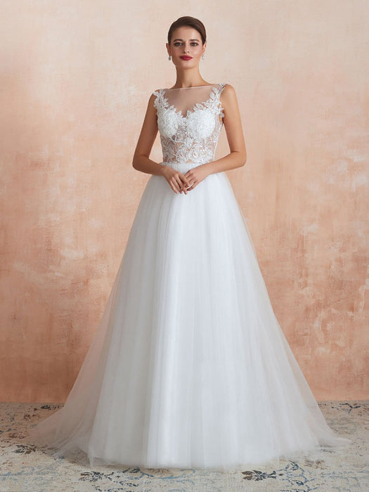 Wedding Dress 2021 A Line Sleeveless Lace Floor Length Tulle Bridal Gowns With Train