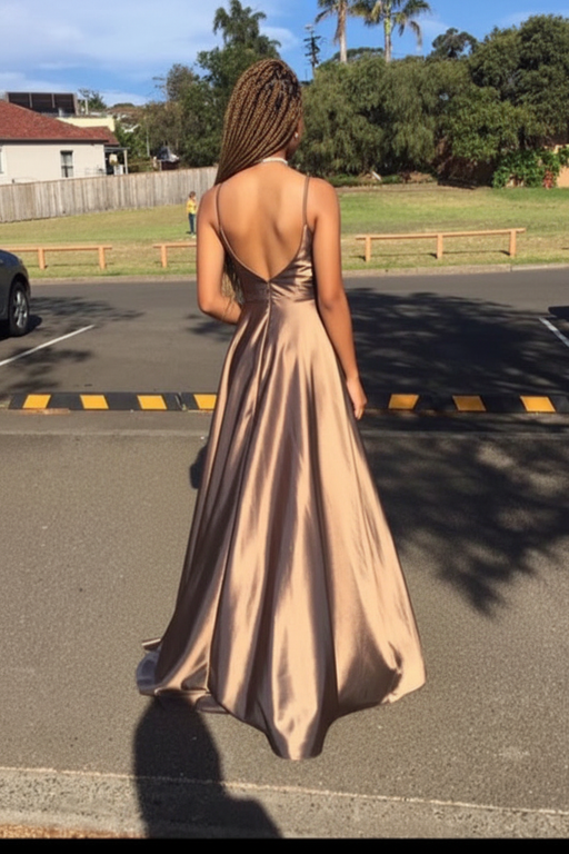 Spaghetti Straps Deep V Neck Sleeveless A Line Prom Dress Satin with Ruffles