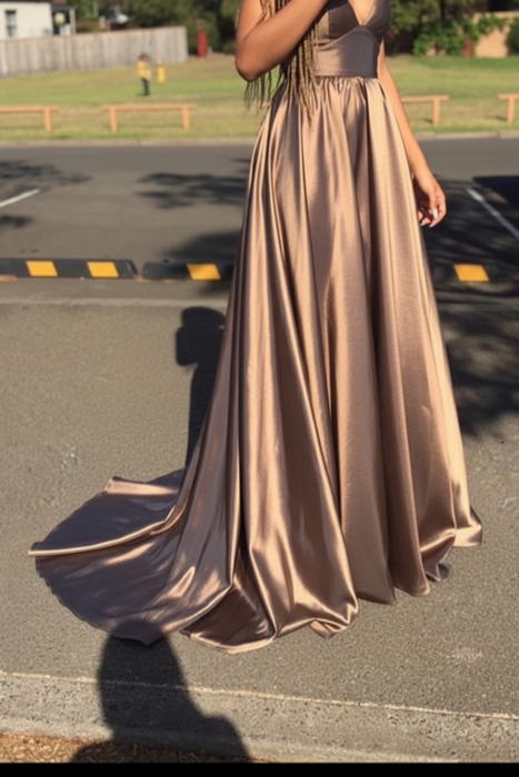 Spaghetti Straps Deep V Neck Sleeveless A Line Prom Dress Satin with Ruffles