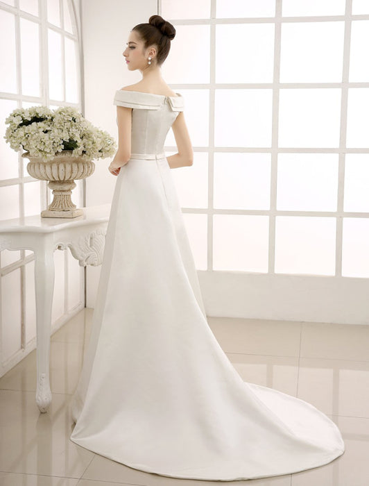 Ivory A-Line Sweep Bridal Wedding Dress with Off-The-Shoulder Ruffles misshow
