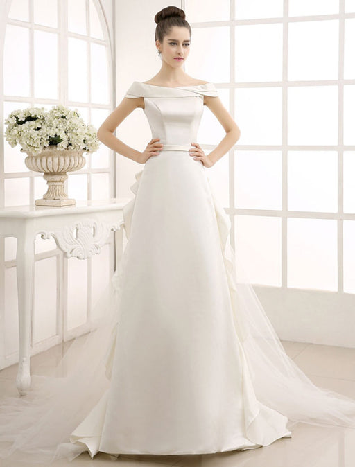 Ivory A-Line Sweep Bridal Wedding Dress with Off-The-Shoulder Ruffles misshow