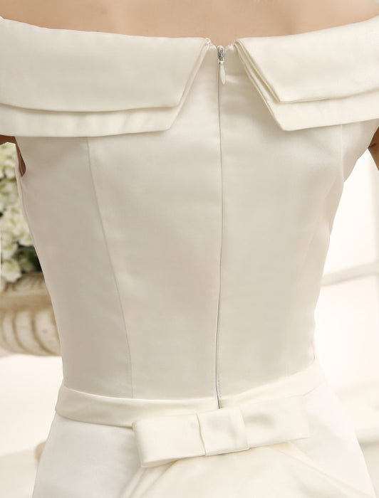 Ivory A-Line Sweep Bridal Wedding Dress with Off-The-Shoulder Ruffles misshow