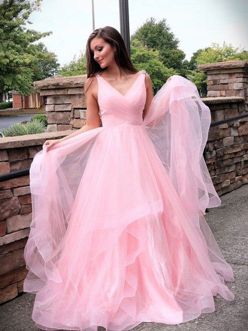 A-Line/Princess Tulle Ruched Sleeveless Sweep/Brush Train V-neck Dresses - Prom Dresses