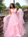 A-Line/Princess Tulle Ruched Sleeveless Sweep/Brush Train V-neck Dresses - Prom Dresses