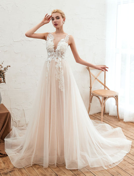 Wedding Dress 2021 V Neck Sleeveless A Line Tulle Bridal Gowns With Train