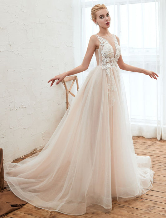 Wedding Dress 2021 V Neck Sleeveless A Line Tulle Bridal Gowns With Train