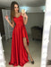 A Line V Neck Asymmetry Floor Length Red/White Prom Dresses with Pleats, V Neck Red/White Formal Evening Dresses, Graduation Dresses