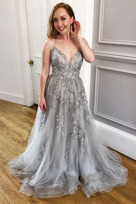 Backless A Line V Neck Gray Lace Formal Evening Dress