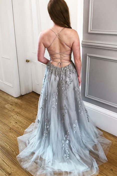 Backless A Line V Neck Gray Lace Formal Evening Dress