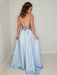 A Line V Neck Backless Lace Appliques Red/Light Blue Prom Dresses with Slit, Lace Backless Red/Light Blue Formal Dresses, Lace Evening Dresses