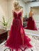 A Line V Neck Backless Lace Long Burgundy Prom Dresses with Leg Slit, Backless Burgundy Lace Formal Dresses, Burgundy Lace Evening Dresses