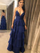 A Line V Neck Backless Navy Blue/Pink Long Prom Dresses, Backless Navy Blue/Pink Formal Dresses, Evening Dresses