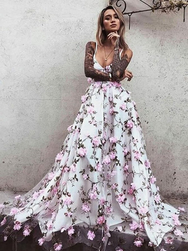 Pink Lace Prom Dress A-Line V-Neck 3D Flower-Bridelily Pink Lace Prom Dress A-Line V-Neck 3D Flower-Bridelily