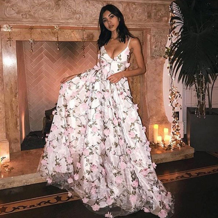 Pink Lace Prom Dress A-Line V-Neck 3D Flower-Bridelily Pink Lace Prom Dress A-Line V-Neck 3D Flower-Bridelily