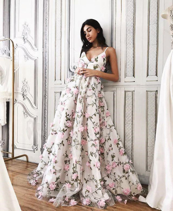 Pink Lace Prom Dress A-Line V-Neck 3D Flower-Bridelily Pink Lace Prom Dress A-Line V-Neck 3D Flower-Bridelily