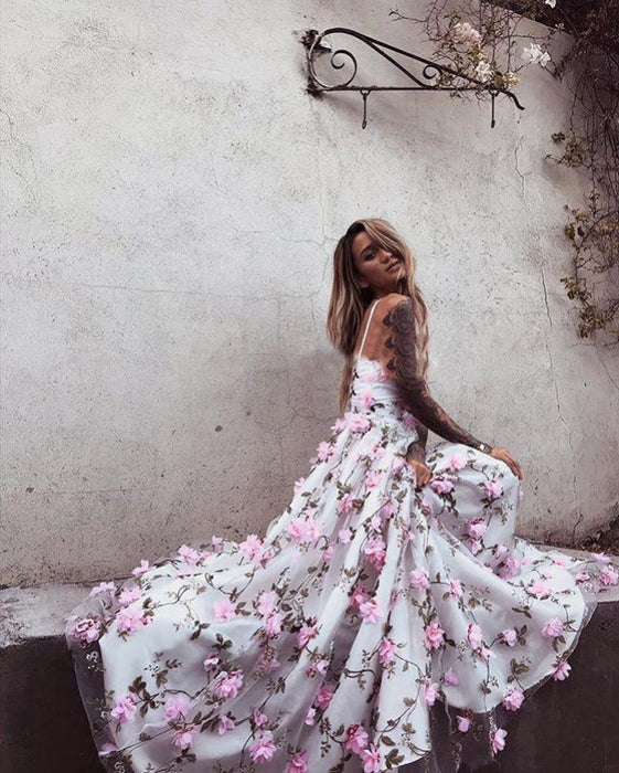 Pink Lace Prom Dress A-Line V-Neck 3D Flower-Bridelily Pink Lace Prom Dress A-Line V-Neck 3D Flower-Bridelily