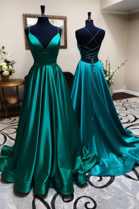Emerald Green Open Back V Neck  Formal Graduation Evening Dresses