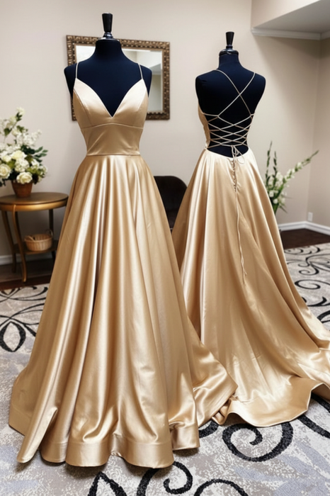 Champagne Gold Open Back V Neck  Formal Graduation Evening Dresses