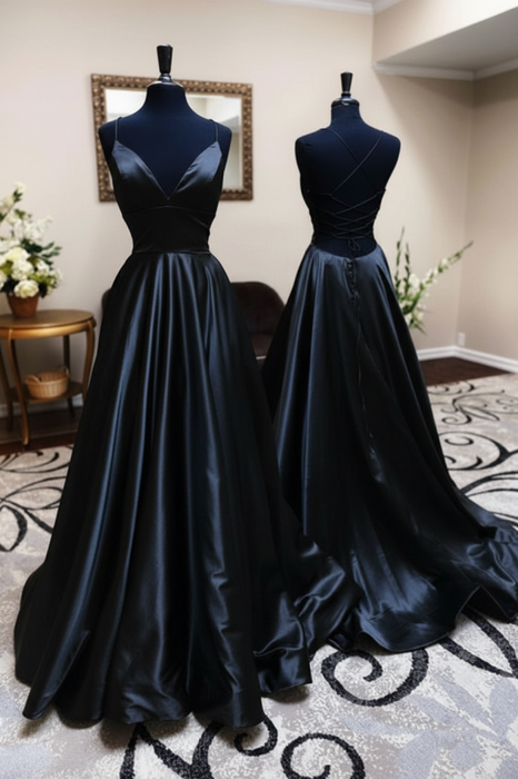 Black Open Back V Neck Formal Graduation Evening Dresses