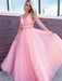 A Line V Neck Beaded Tulle Long Pink Prom Dresses with Beadings, V Neck Pink Formal Dresses, Pink Evening Dresses