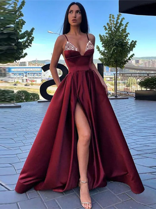 Satin Burgundy Color Prom Dresses A Line V Neck Blue/Black/Red