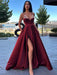 A Line V Neck Blue/Black/Red/Burgundy Satin Long Prom Dresses with Sequins, Long Blue/Black/Red/Burgundy Formal Evening Dresses with High Slit 