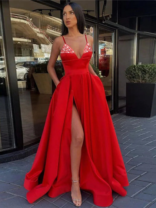 A Line V Neck Blue/Black/Red/Burgundy Satin Long Prom Dresses with Sequins, Long Blue/Black/Red/Burgundy Formal Evening Dresses with High Slit 