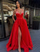 A Line V Neck Blue/Black/Red/Burgundy Satin Long Prom Dresses with Sequins, Long Blue/Black/Red/Burgundy Formal Evening Dresses with High Slit 