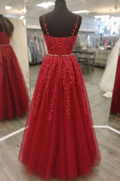 V Neck Burgundy Lace A Line Floral Prom Dress Sleeveless Lace Formal Dress