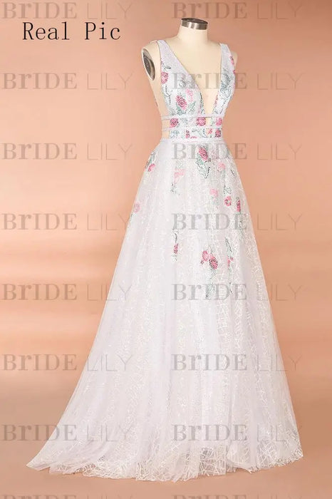 A Line V Neck Ivory Lace Prom Flowers Long Evening Dresses with Appliques - Prom Dresses