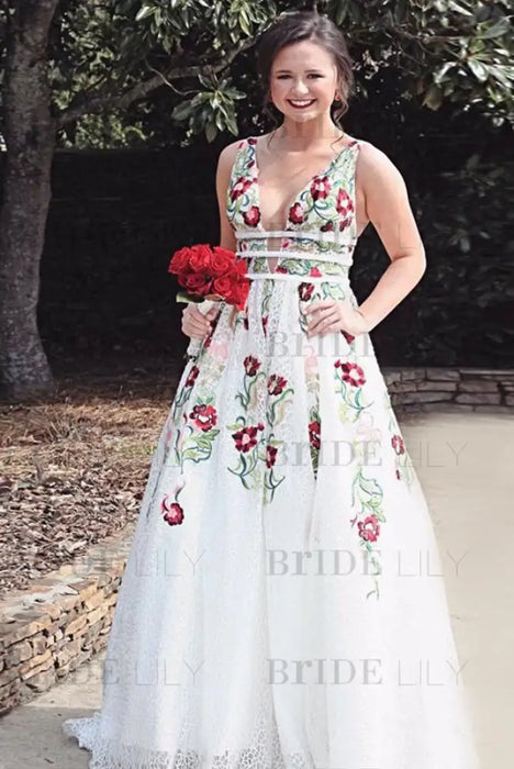 A Line V Neck Ivory Lace Prom Flowers Long Evening Dresses with Appliques - Prom Dresses