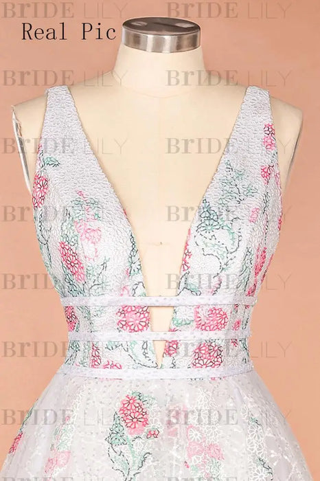 A Line V Neck Ivory Lace Prom Flowers Long Evening Dresses with Appliques - Prom Dresses